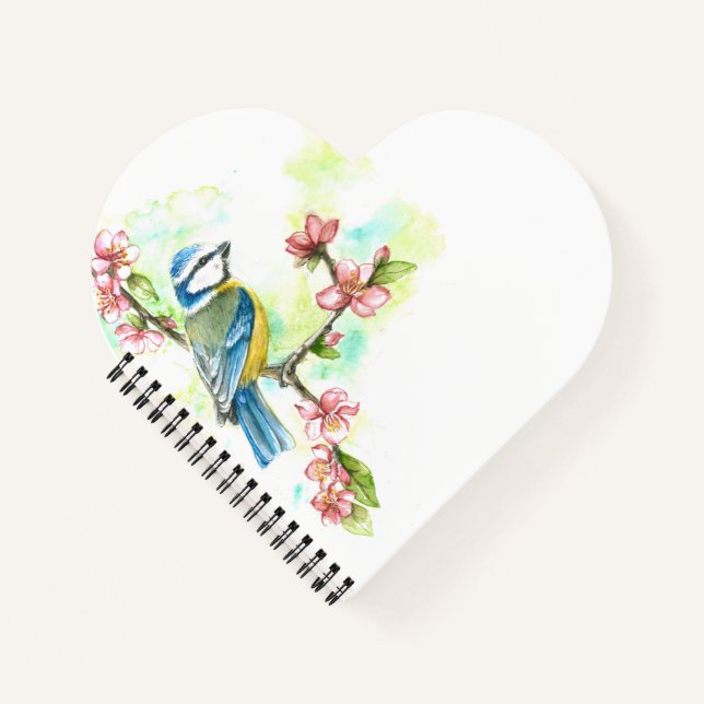 Carnet en forme de coeur avec Aquarelle bleu Tit (Devant)