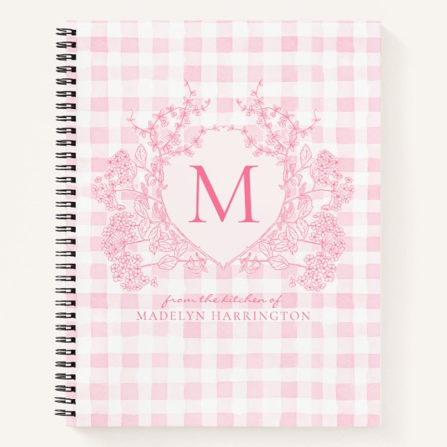 Carnet En vichy rose vif Crête florale Monogramme Recette (Devant)