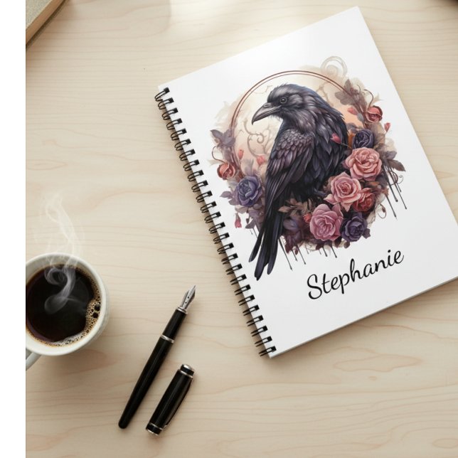 Carnet Enchanting Raven & Roses (Black raven with roses personalized notebook)