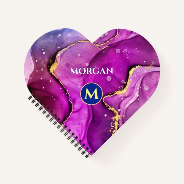 Carnet Encre liquide rouge violet et or, monogramme et no (Devant)