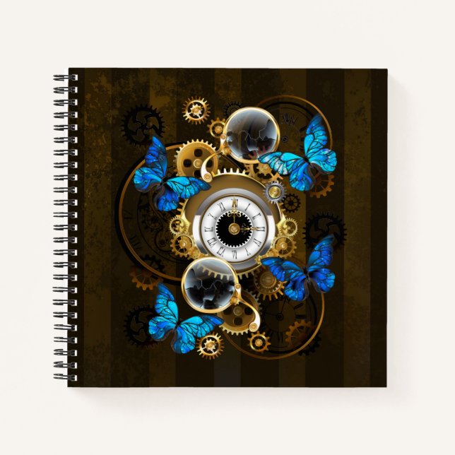 Carnet Engrenages à vapeur et papillons bleus (Devant)