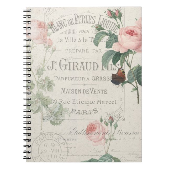 Carnet Ephemera Rose Redoute français antique (Devant)