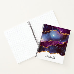 Carnet Espace et étoiles bleu et violet avec noeud en rub