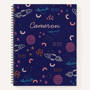 Carnet Espace et planètes Doodle en bleu Personnalisé