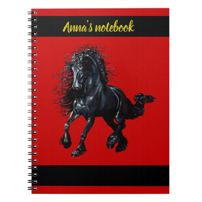 Carnet Étalon frison, cheval noir de beauté, rouge/nom (Devant)