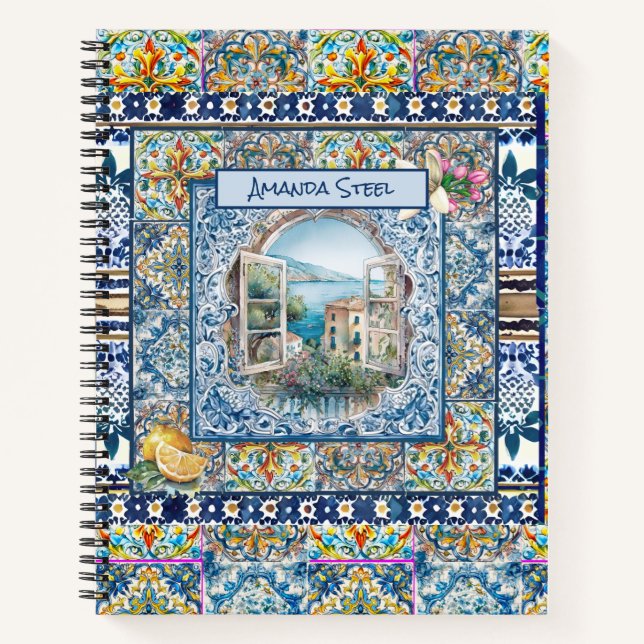 Carnet été italie carreaux bleu floral citrus monogramme (Devant)