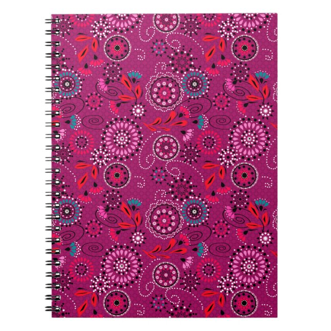 Carnet Ethnique folk abstrait motif floral rétro cramson (Devant)