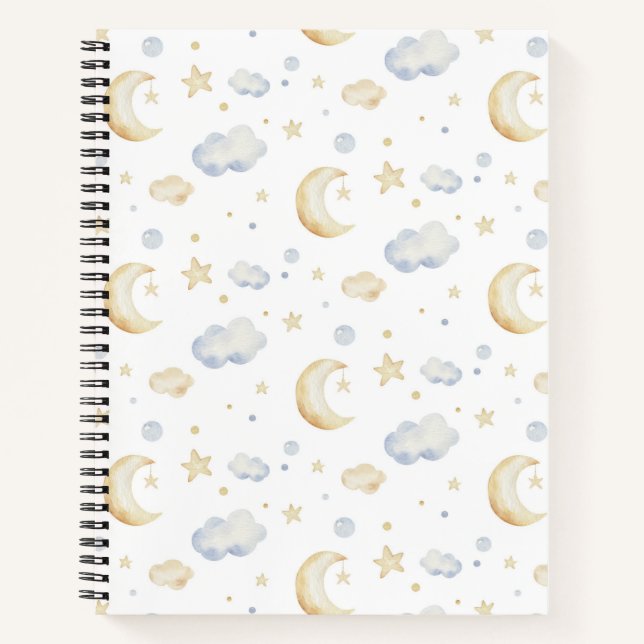 Carnet Etoiles de lune d'aquarelle et Motif de nuage (Devant)