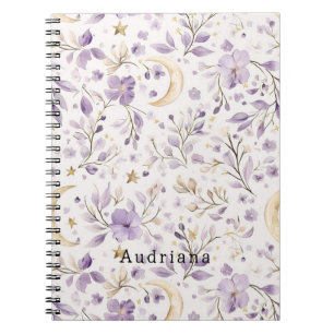 Carnet Etoiles d'or Lune Fleurs violettes