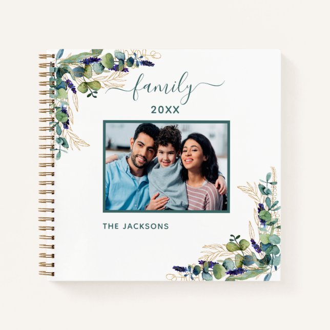 Carnet Eucalyptus vert nom blanc photo de famille (Devant)