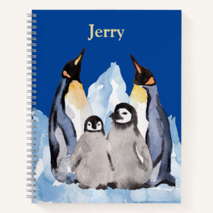 Carnet Famille de pingouins de charme avec nom sur Bleu P