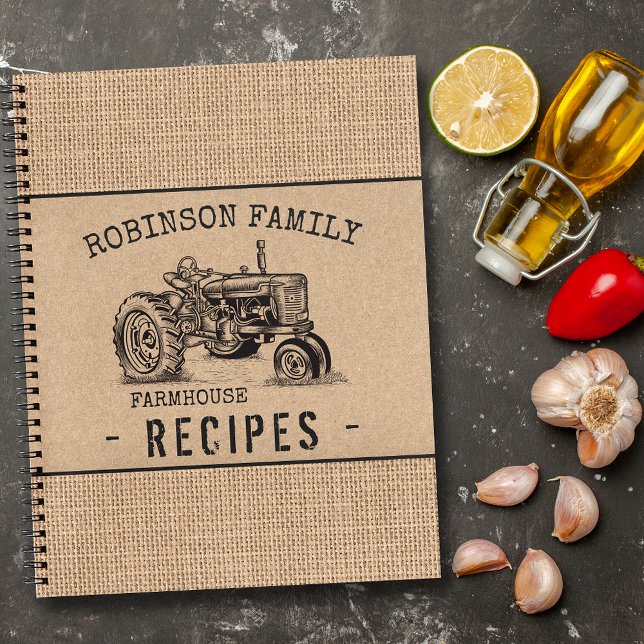 Carnet Famille Ferme Tracteur Burlap Kraft Recette (Several sizes and page designs to choose from)