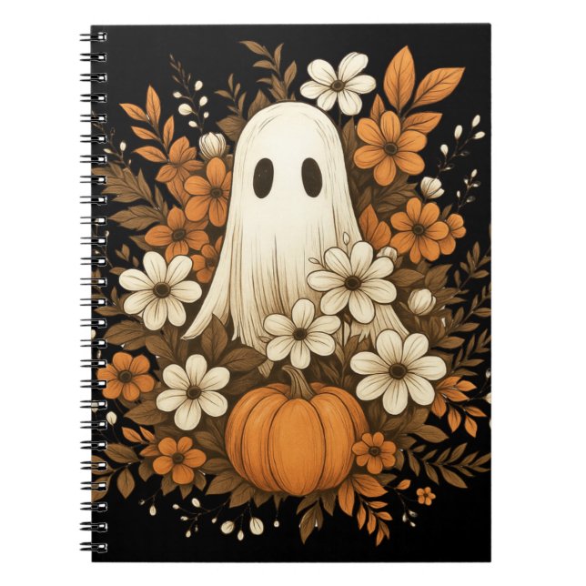 Carnet Fantôme mignon avec Citrouille et fleurs d'automne (Devant)