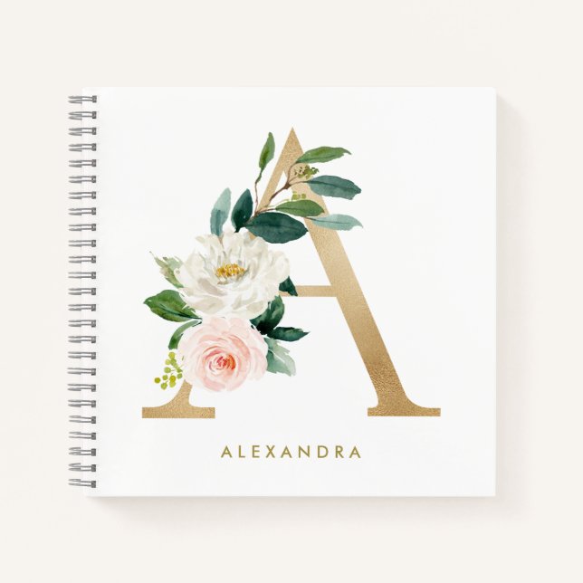 Carnet Faux Gold Foil Joli Floral Lettre A Monogramme (Devant)