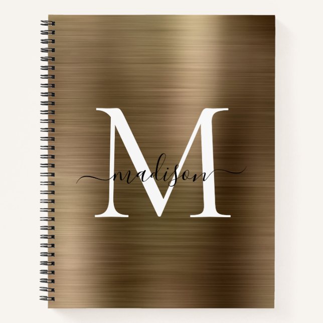 Carnet Faux Gold Noir Monogramme Script Brossé Métal Huil (Devant)