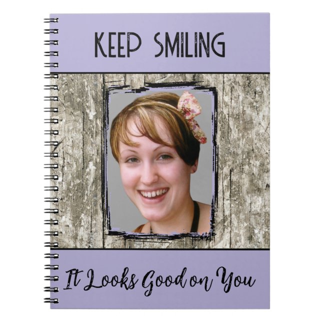 Carnet Faux gris effet bois garder le sourire photo viole (Devant)