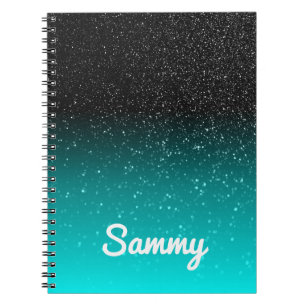 Carnet Faux pailleté noir et ombré aqua personnalisé
