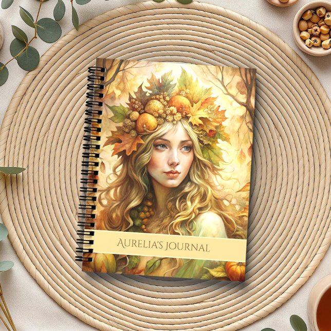 Carnet Fée Enchantée Forêt d'Automne (Enchanted Autumn Forest Fairy Notebook on a boho table with botanicals and a cup of tea.)