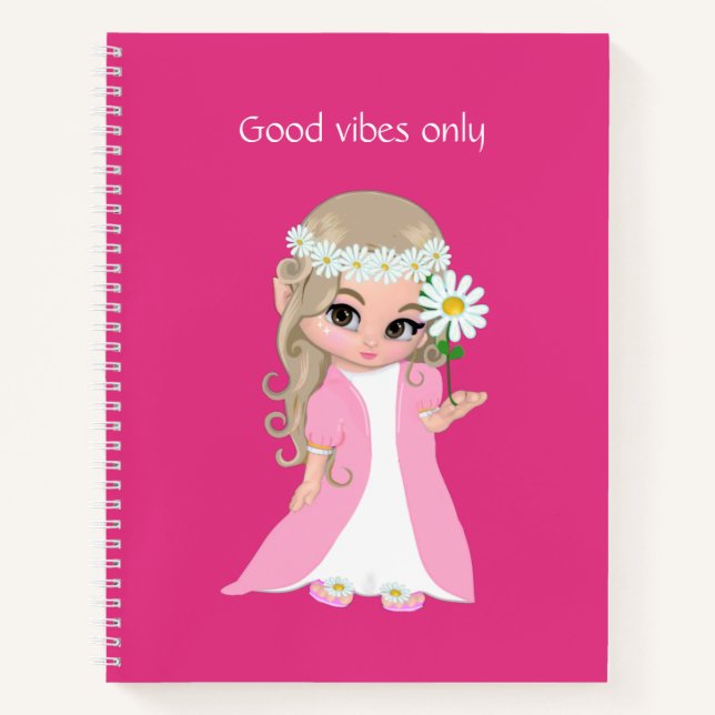 Carnet Fée et fleurs sur fond rose vif (Devant)