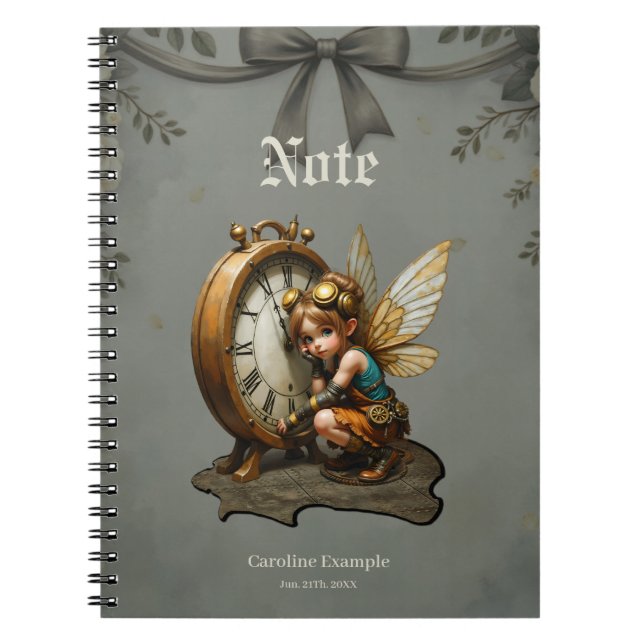 Carnet Fée Steampunk avec ailes d'or et horloge antique (Devant)