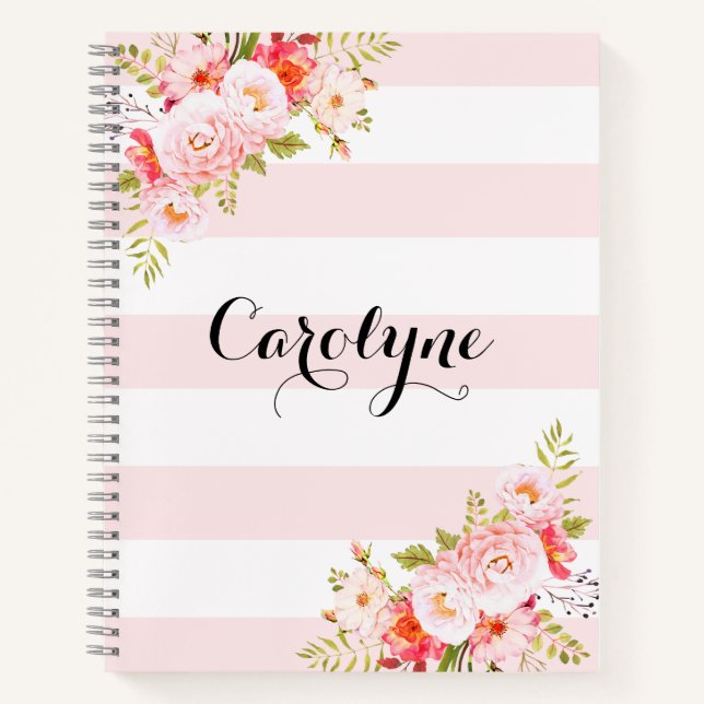 Carnet Féminine rose rayures florales Personnalisées (Devant)