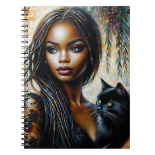 Carnet Femme à peau foncée avec chat noir