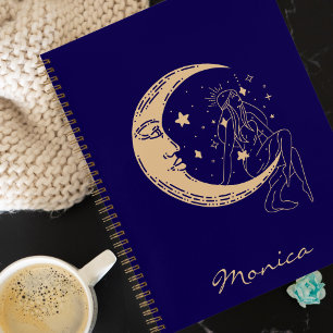 Carnet Femme céleste lune & étoiles,boho,élégant or