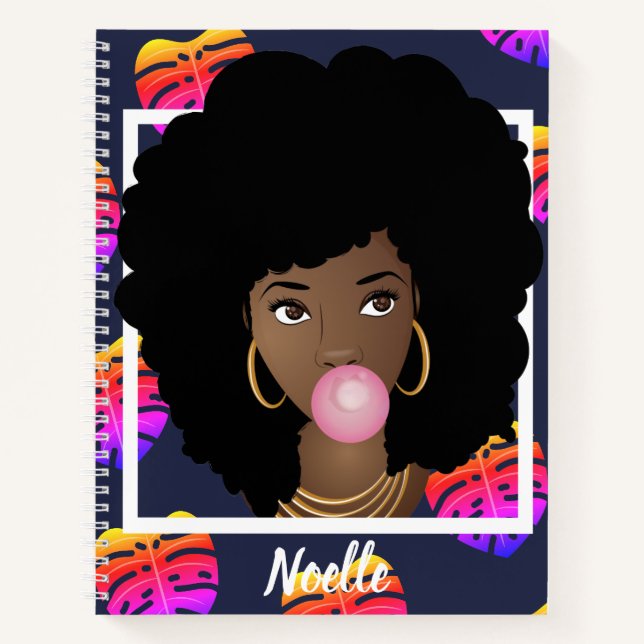 Carnet Femme noire, Bubblegum, Tropical Feuille Navy Blue (Devant)