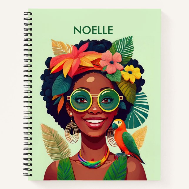 Carnet Femme noire, fleurs tropicales et perroquet (Devant)