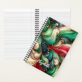 Carnet Festive Red Green Gold Ink Swirl Nom personnalisé