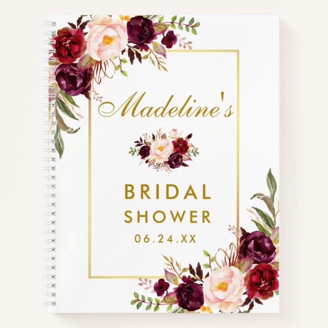 Carnet Fête des mariées Bourgogne Floral Gold Liste cadea (Devant)