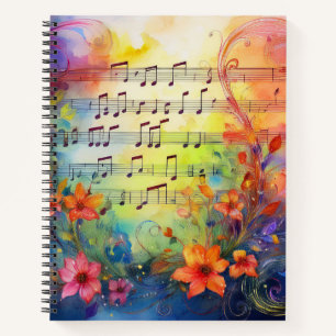 CARNET FEUILLE D'EAU MUSIQUE AVEC FLEURS COLORÉES