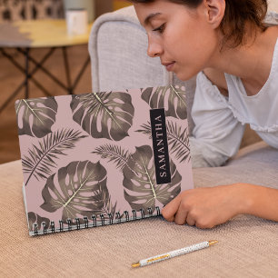 Carnet Feuille Tropical Pink & Gold Palm Motif et nom