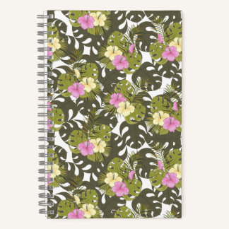 Carnet Feuilles de jungle tropicale et motif d'hibiscus