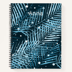 Carnet Feuilles de palme sur bleu avec pois blancs.