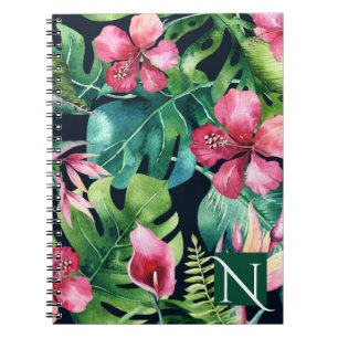 Carnet Feuilles de palmier tropical foncé Fleur d'hibiscu
