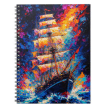 Fiery Sunset Tall Ship Abstract Painting Nautical 