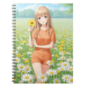 Carnet Fille Anime Kawaii dans un Jardin de Pâquerettes