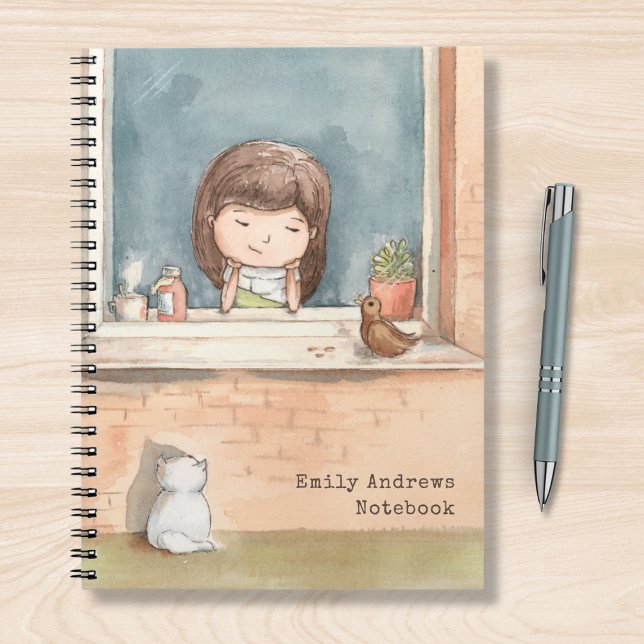 Carnet Fille Aquarelle mignonne avec chat Oiseau Personna (Créateur téléchargé)