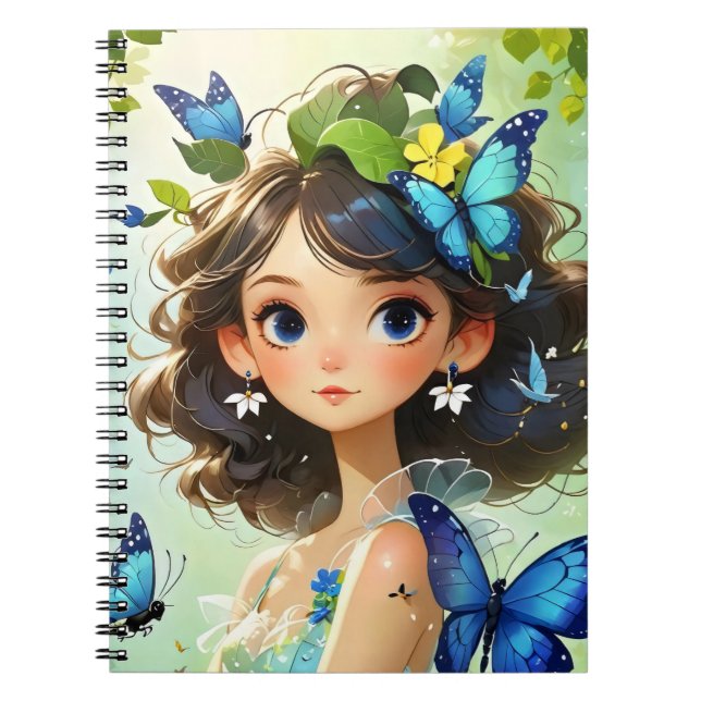 Carnet fille avec un papillon bleu sur la tête (Devant)