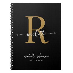 Carnet Fille Elegant Chic Black Gold Script Monogramme No
