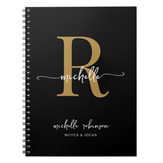 Carnet Fille Elegant Chic Black Gold Script Monogramme No (Devant)