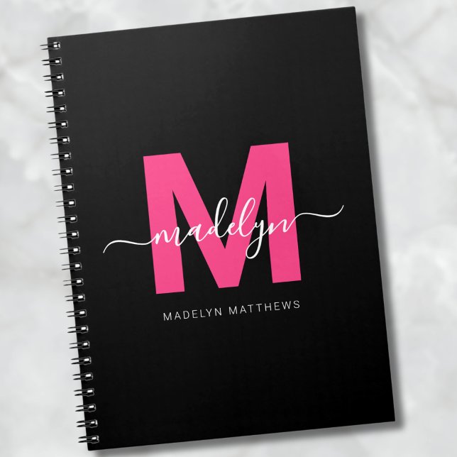 Carnet Fille Noir Chaud Rose Initial Monogramme Nom (Girly Black Hot Pink Initial Monogram Name notebook)