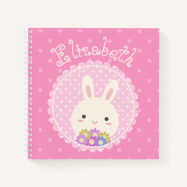 Carnet Fille rose mignonne Kawaii Bunny & Fleurs Nom Pers (Devant)