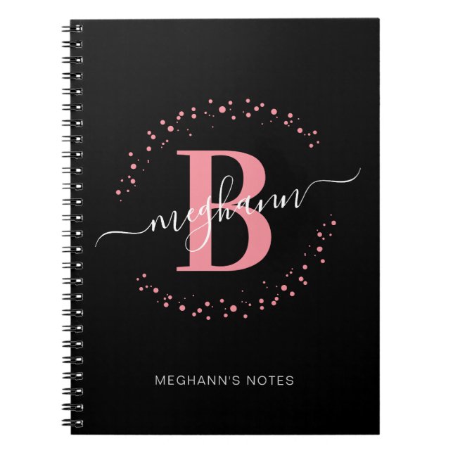 Carnet Fille rose Noir Nom Script Monogramme Noteb de l'é (Devant)