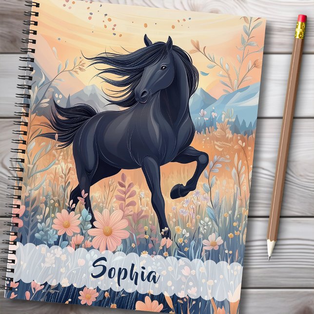 Carnet Filles Fleur Sauvage Cheval Noir Fleurs Bleu Rose  (Black Horse Wildflower Meadow Floral Blue Pink Notebook - Personalize the name and the back message.)