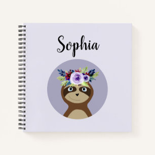 Carnet Filles mignonnes fleur d'aquarelle Sloth et nom