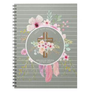 Carnet Filles personnalisées BAPTISM - Sage Croix Florale