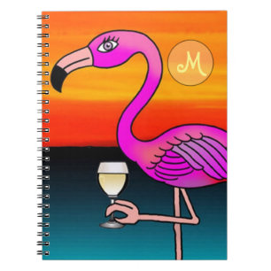 Carnet Flamant rose buvant du vin monogrammé
