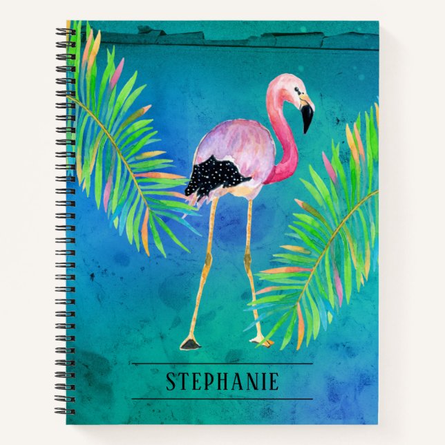 Carnet Flamant rose et Palm Feuilles Aqua Green (Devant)